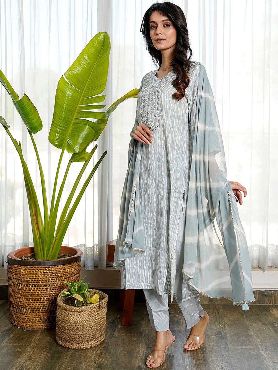 

KAMODINEE Women Striped Mirror Work Kurta With Trousers & Dupatta, Grey