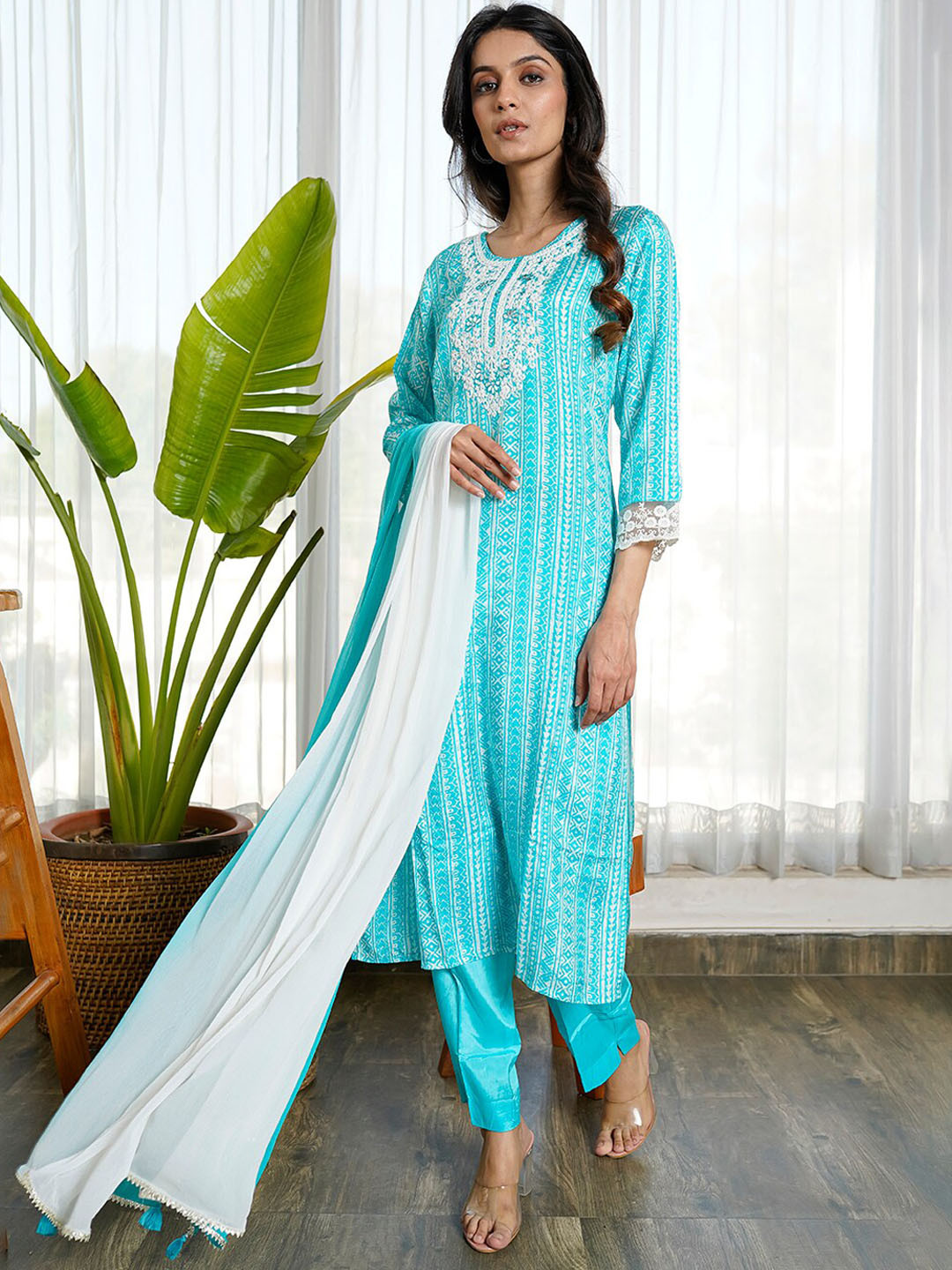 

KAMODINEE Women Ethnic Motifs Printed Thread Work Kurta With Trousers & Dupatta, Blue