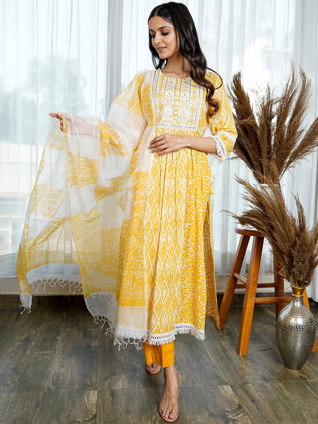 

KAMODINEE Women Printed High Slit Gotta Patti Pure Cotton Kurta With Trousers & Dupatta, Yellow