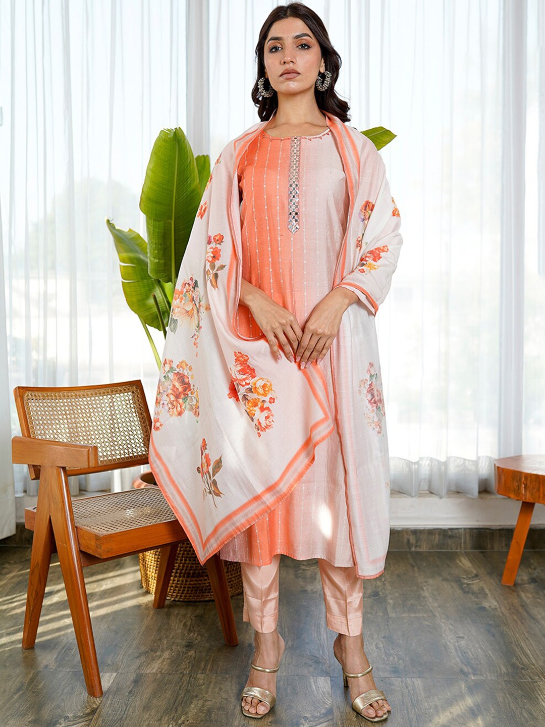 

KAMODINEE Women Striped Mirror Work Kurta With Trousers & Dupatta, Orange