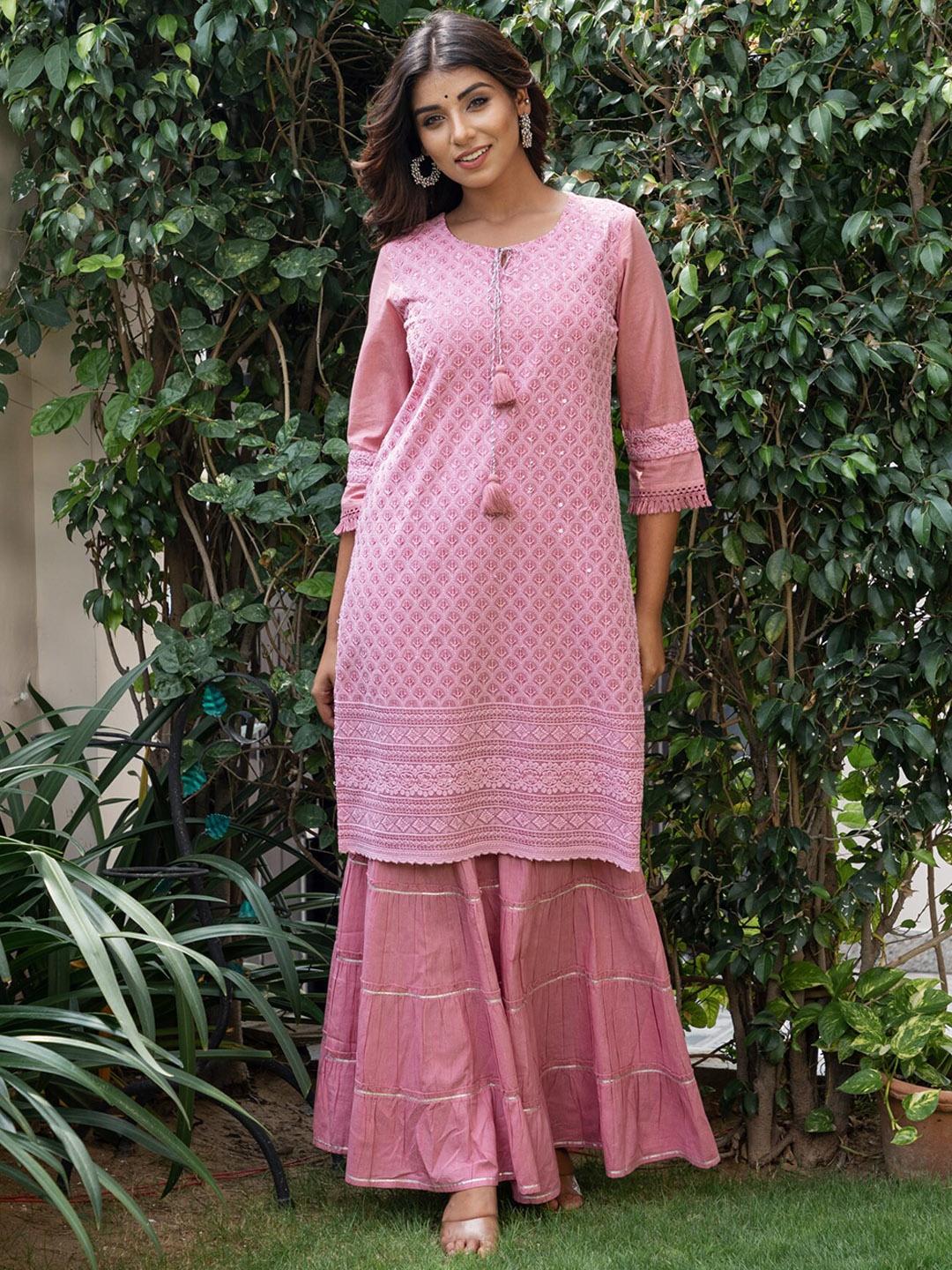 

KAMODINEE Women Floral Embroidered Sequinned Pure Cotton Kurta With Sharara, Pink