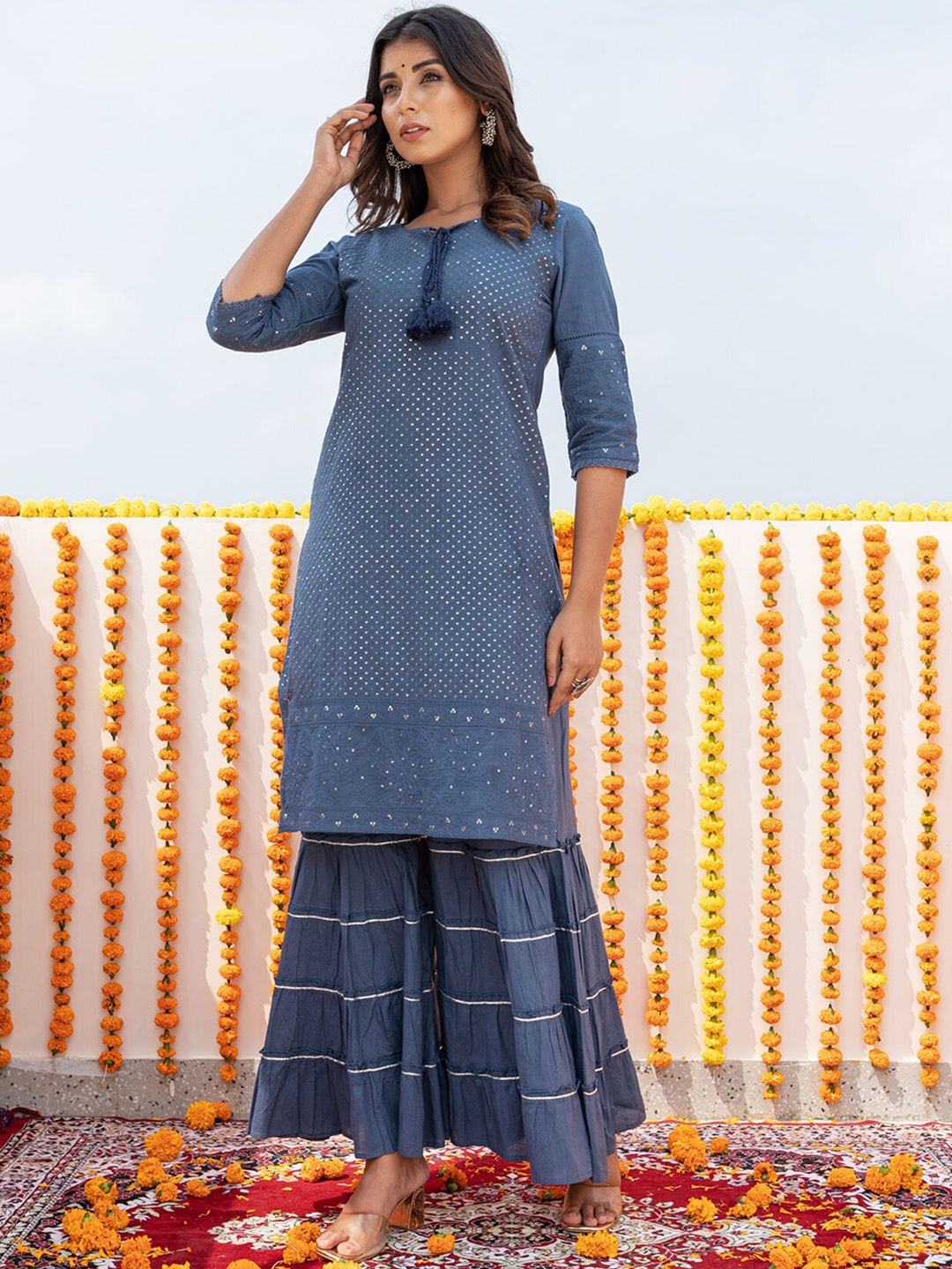 

KAMODINEE Women Floral Embroidered Sequinned Pure Cotton Kurta With Sharara, Navy blue