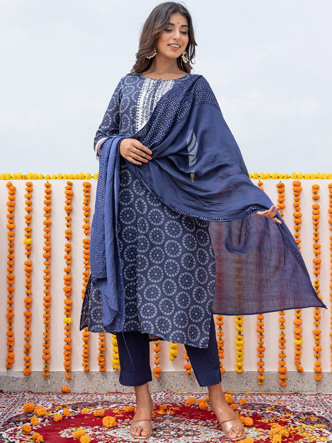 

KAMODINEE Women Navy Blue Printed Mirror Work Kurta with Trousers & With Dupatta