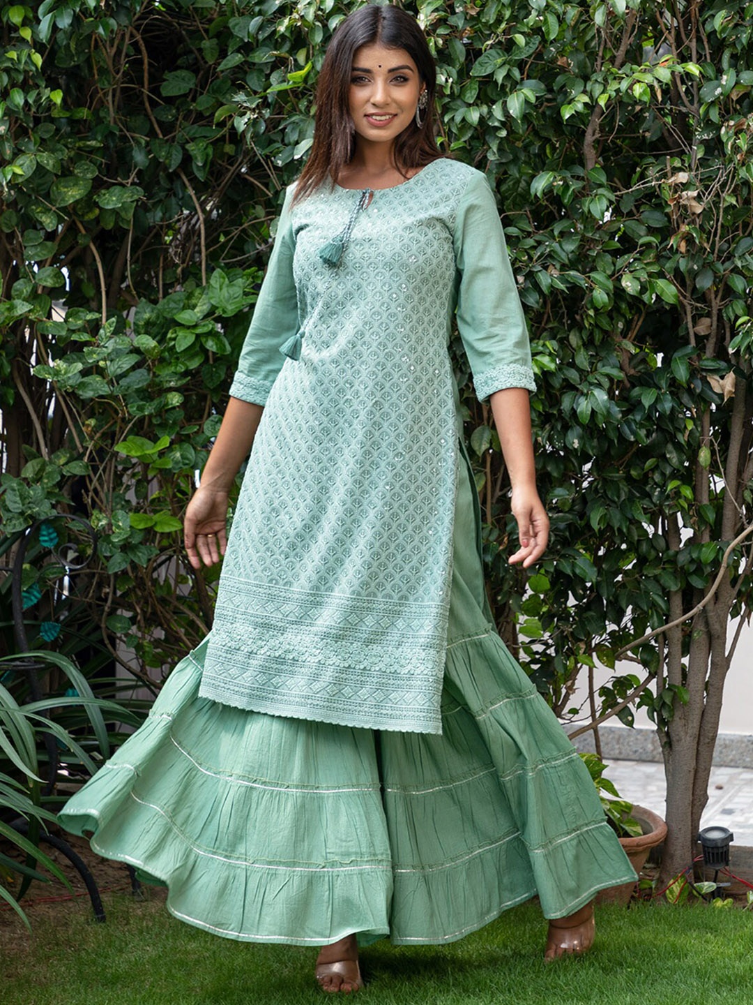 

KAMODINEE Women Sea Green Ethnic Motifs Pure Cotton Kurta with Sharara