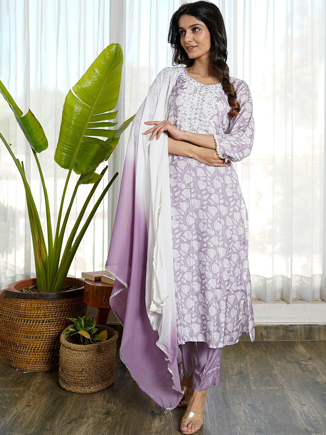

KAMODINEE Women Purple Ethnic Motifs Printed Kurta with Trousers & With Dupatta