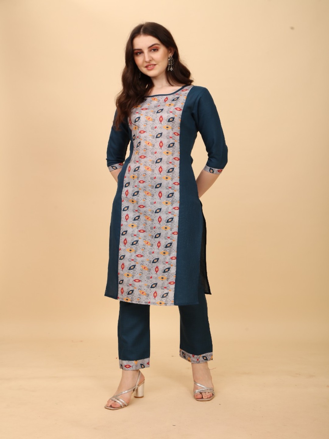 

White World Women Abstract Printed Panelled Kurta with Trousers, Teal