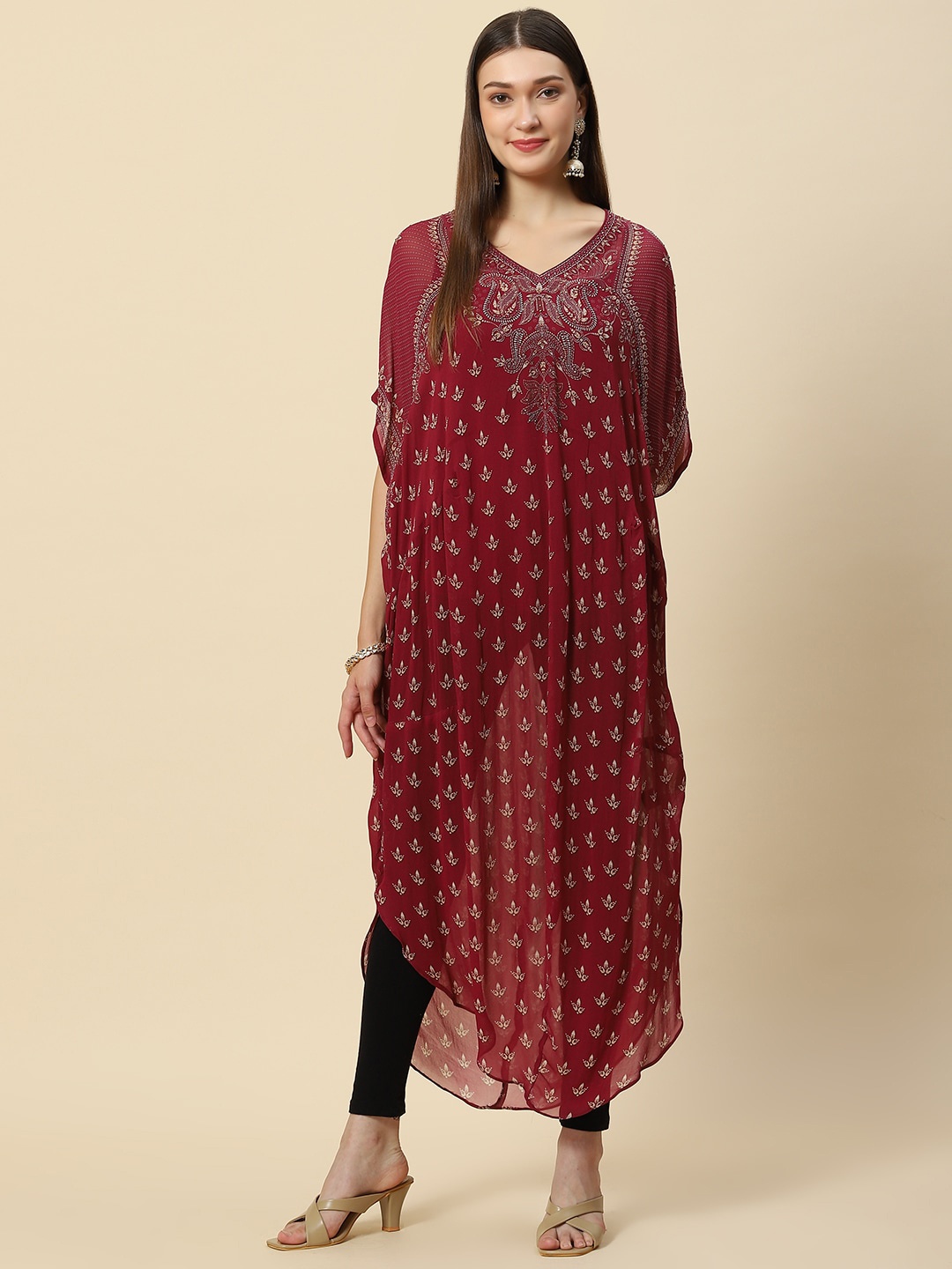 

Meena Bazaar Ethnic Motifs Printed Flared Sleeves Georgette Kurta, Maroon