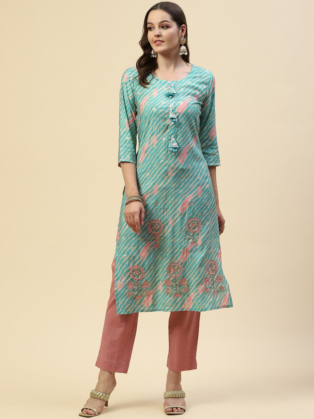 

Meena Bazaar Ethnic Motifs Striped Thread Work Kurta, Sea green