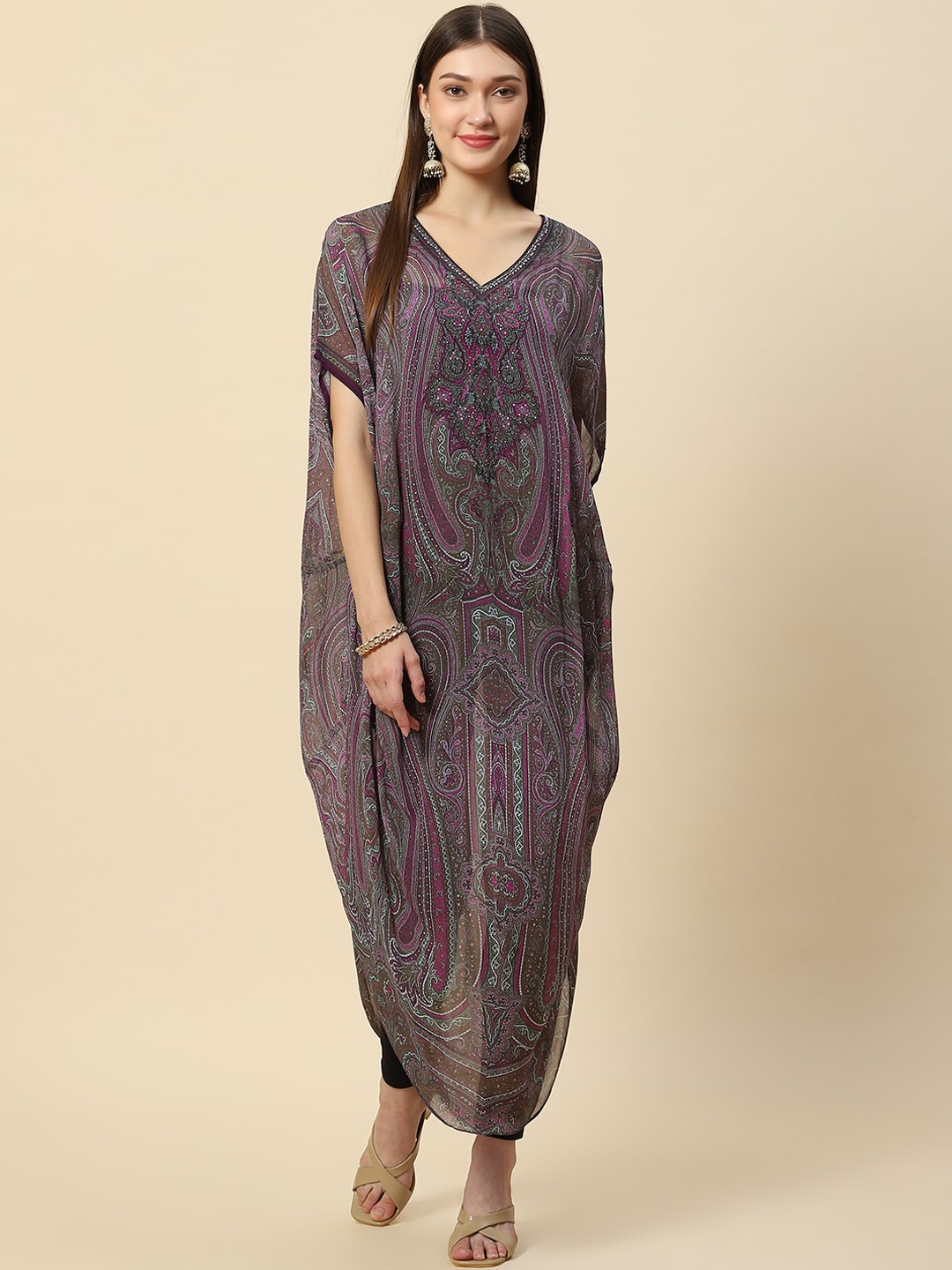 

Meena Bazaar Ethnic Motifs Printed Flared Sleeves Georgette Kurta, Purple