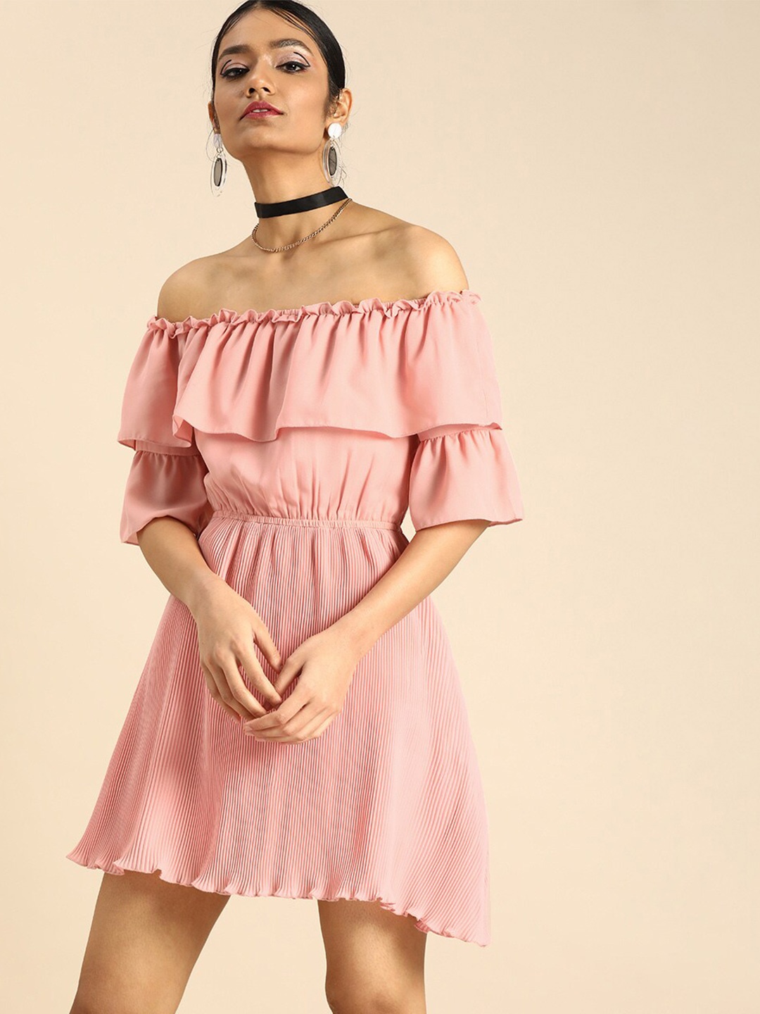 

DODO & MOA Accordian Pleat Off-Shoulder A-Line Maxi Dress, Peach