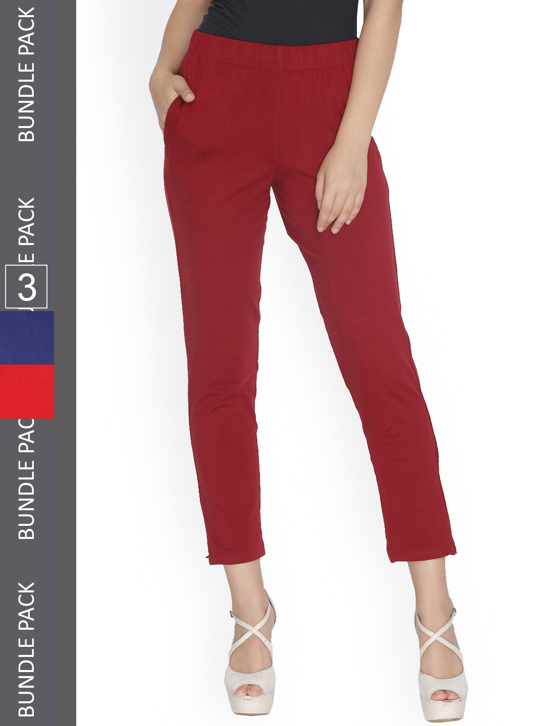 

LYRA Women Pack Of 3 Smart Chinos Cotton Trousers, Maroon