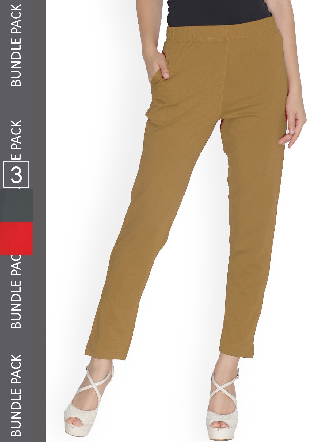 

LYRA Women Pack Of 3 Smart Cotton Regular Trousers, Khaki