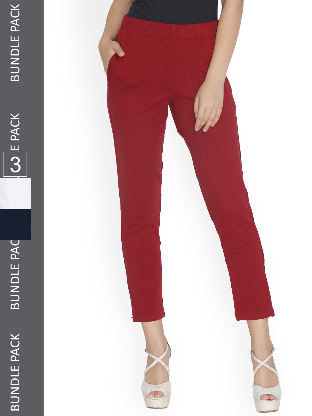 

LYRA Women Pack Of 3 Smart Chinos Regular Fit Cotton Trousers, Maroon