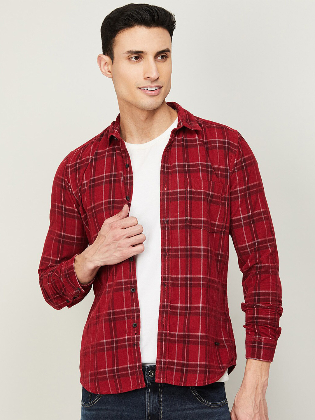

Bossini Men Slim Fit Tartan Checks Cotton Casual Shirt, Red
