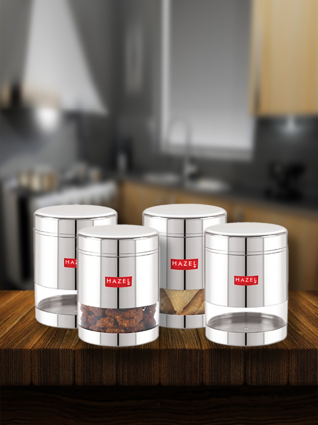 

HAZEL Set Of 4 Stainless Steel Transparent Food Storage Jars 800 ml Each, Silver