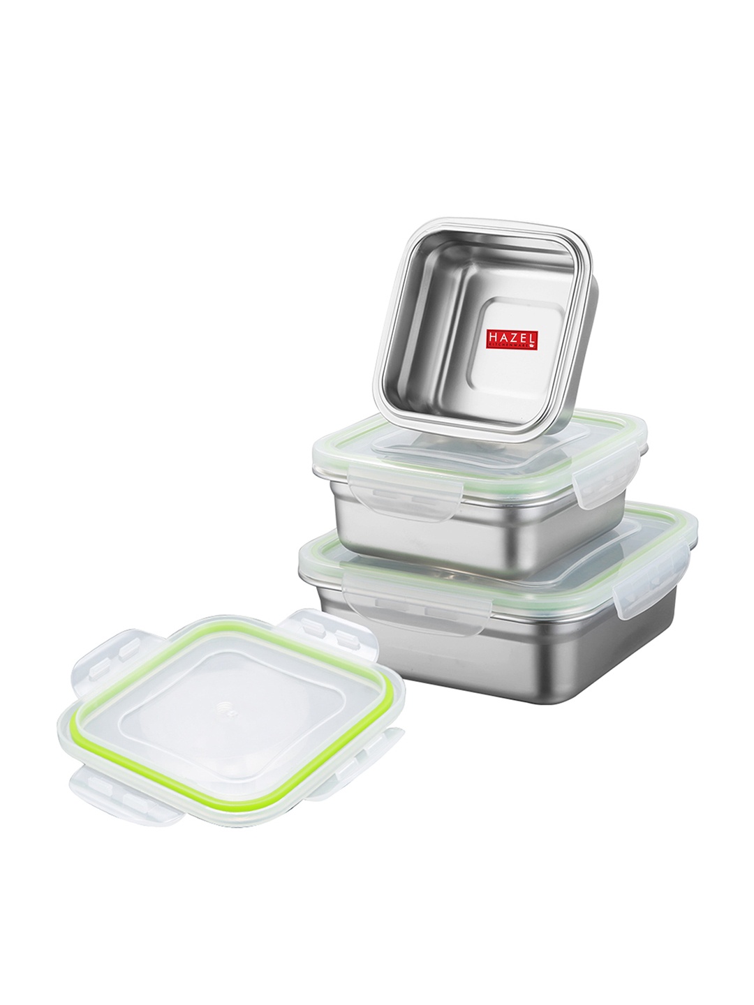 

HAZEL Set Of 3 Stainless Steel Airtight Container Lunch Box, Silver