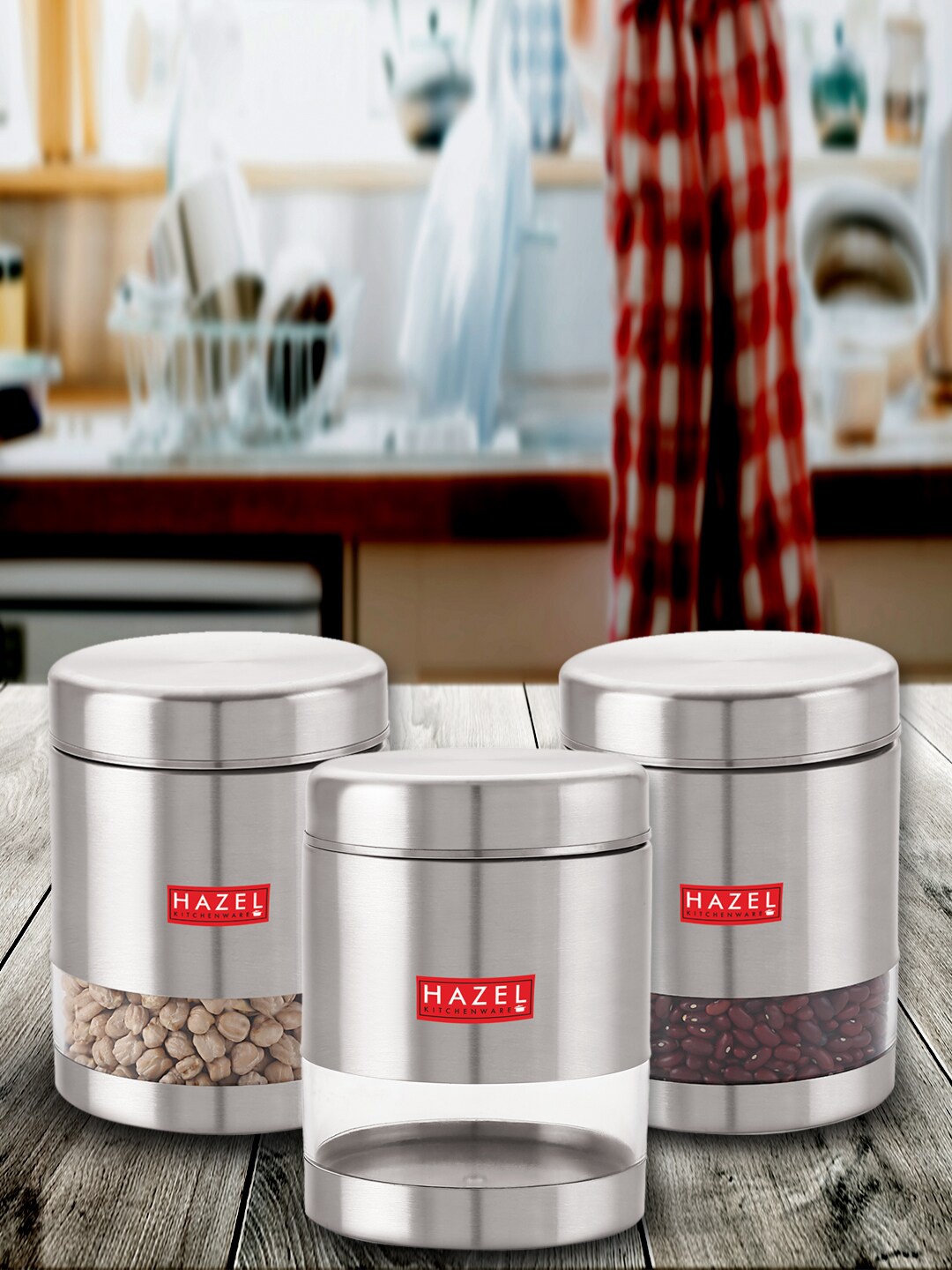 

HAZEL Set Of 3 Stainless Steel Transparent Food Containers 1.2 ltrs Each, Silver