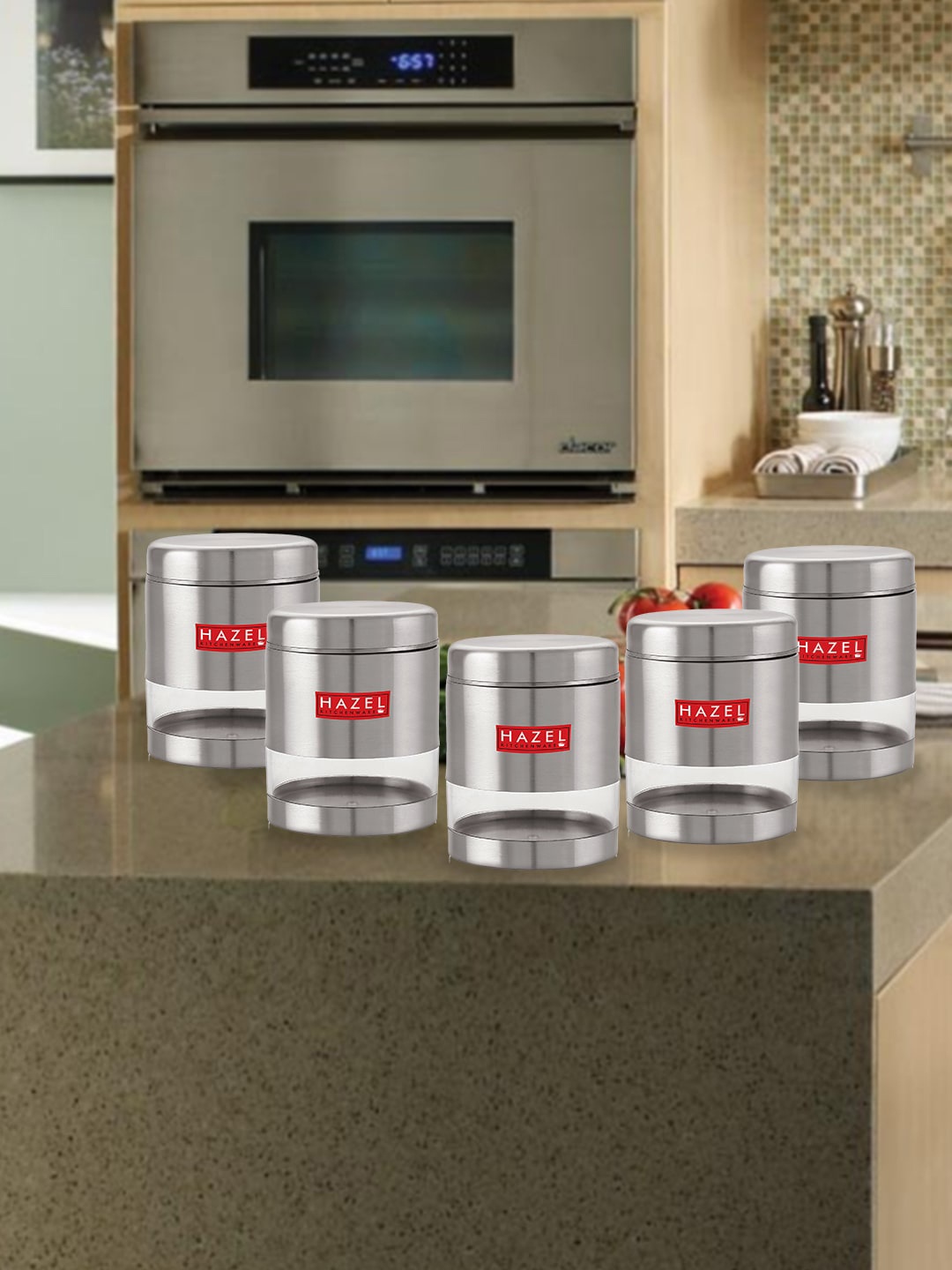 

HAZEL Set Of 5 Stainless Steel Transparent Food Storage Jars 600 ml Each, Silver