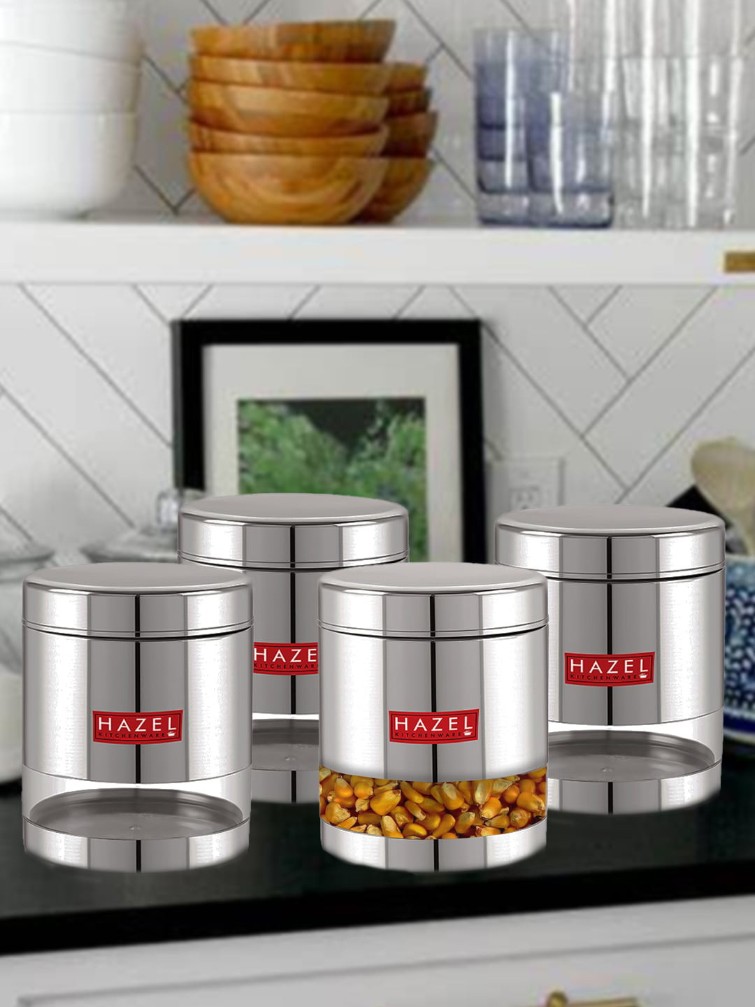 

HAZEL Set of 4 Stainless Steel Transparent Food Storage Containers 1 ltr Each, Silver