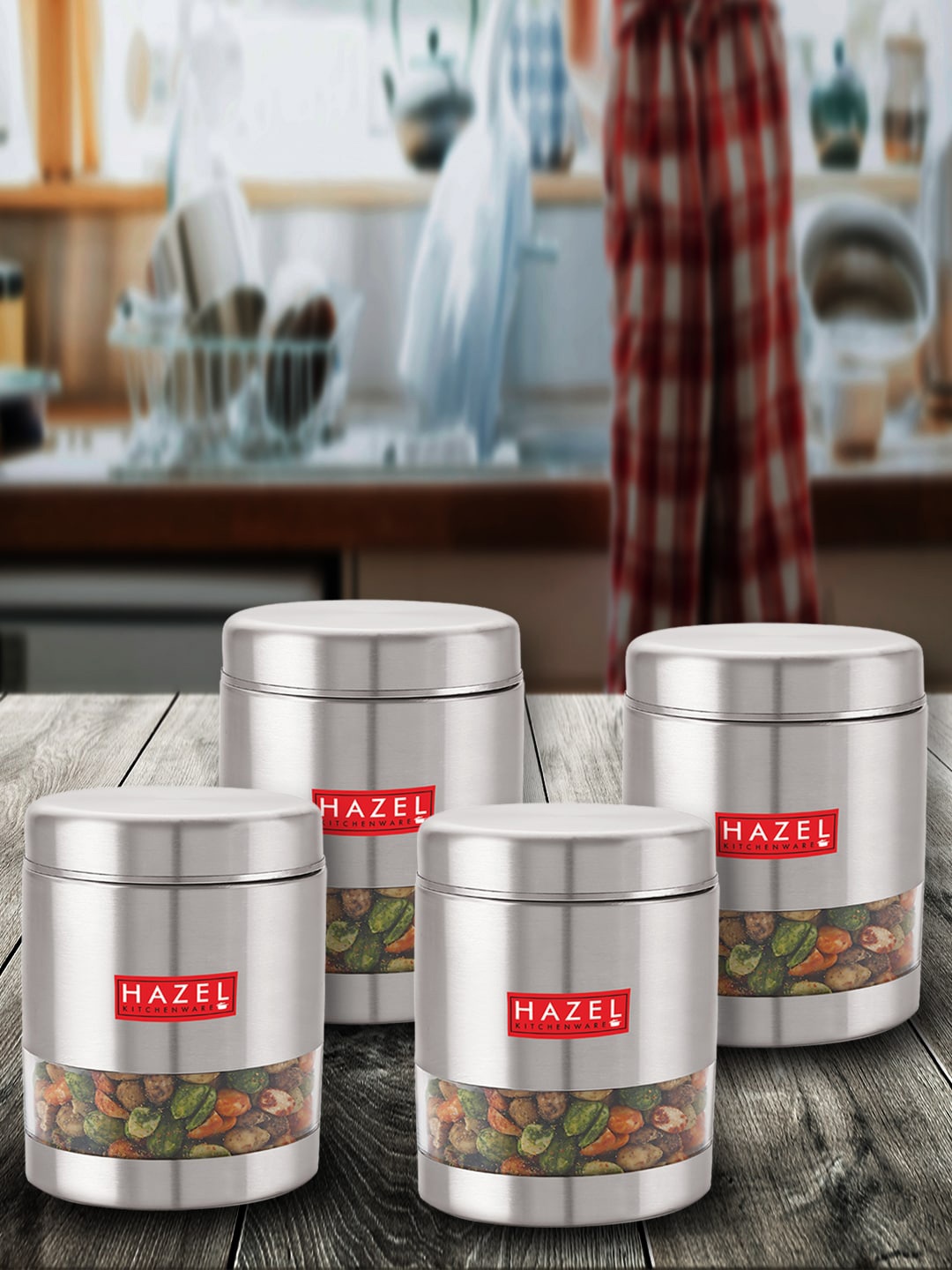 

HAZEL Set Of 4 Stainless Steel Food Storage Jars 800 ml Each, Silver