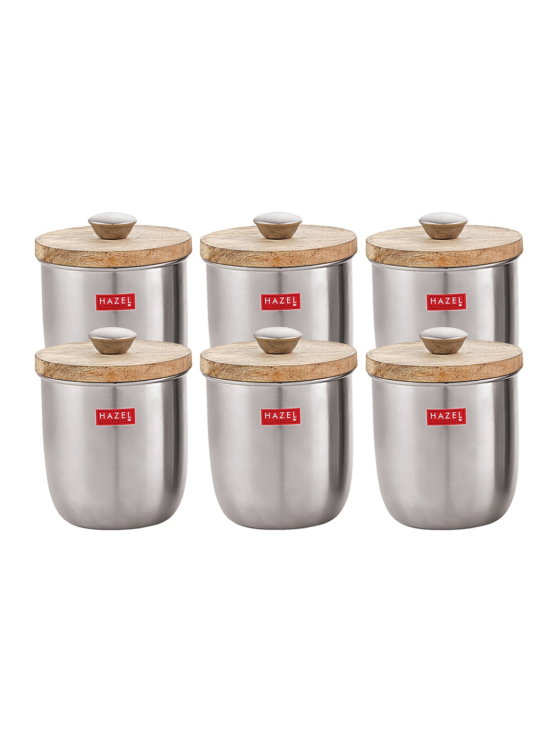 

HAZEL Set Of 6 Stainless Steel Canister Container With Wooden Lid & Knob 1.325 litres Each, Silver