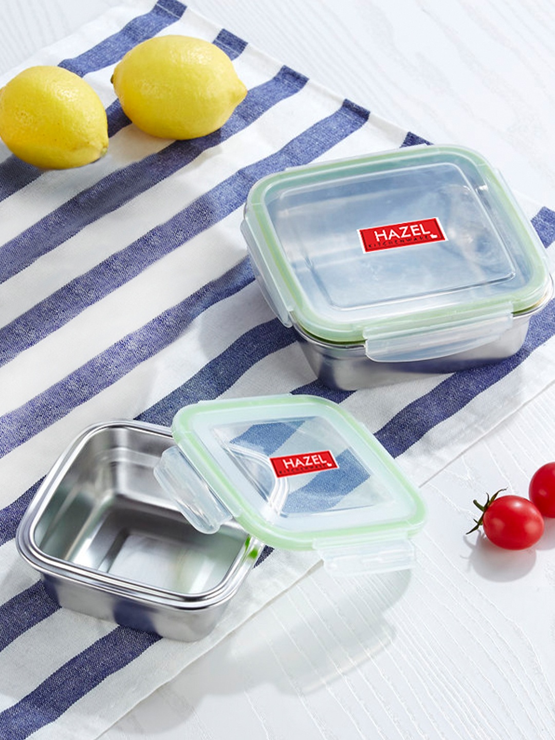 

HAZEL Set Of 2 Stainless Steel Airtight Square Lunch Box, Silver