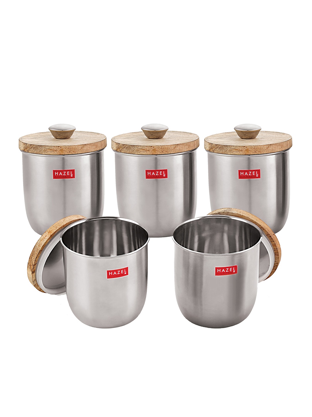 

HAZEL Set Of 5 Stainless Steel Canister Containers With Lid & Knob 1.325 ltrs Each, Silver