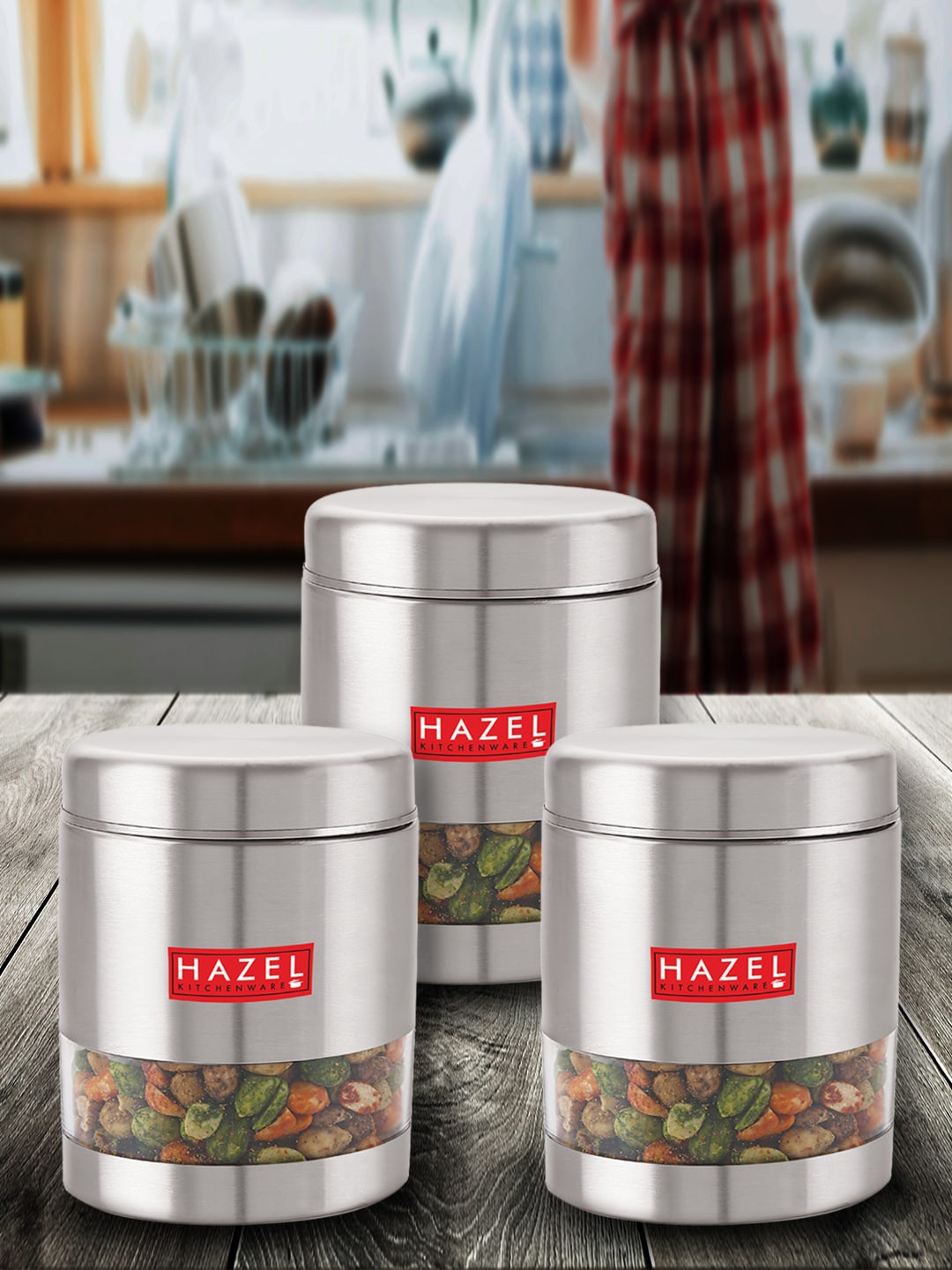 

HAZEL Set Of 3 Stainless Steel Matt Food Storage Jars 800 ml Each, Silver