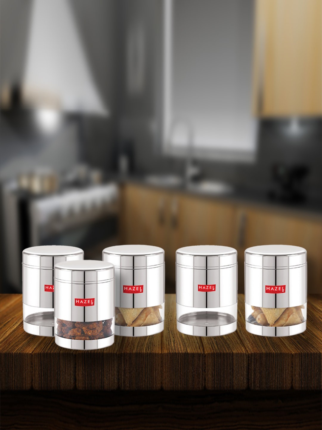 

HAZEL Set Of 5 Stainless Steel Transparent Food Storage Jars 800ml Each, Silver