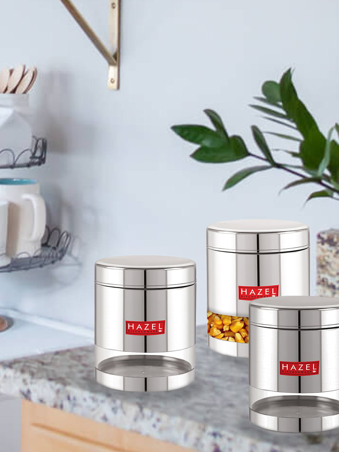 

HAZEL Set Of 3 Stainless Steel Transparent Airtight Kitchen Storage Jars 1 ltr Each, Silver