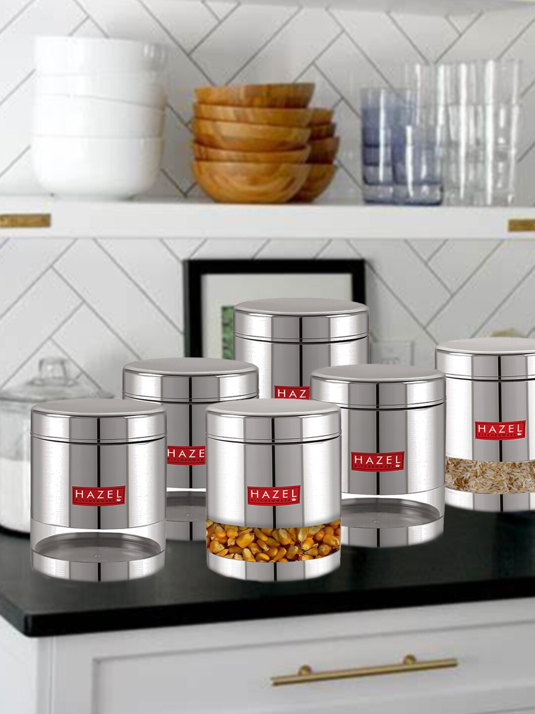 

HAZEL Set Of 6 Stainless Steel Transparent Storage Jars 1 ltr Each, Silver