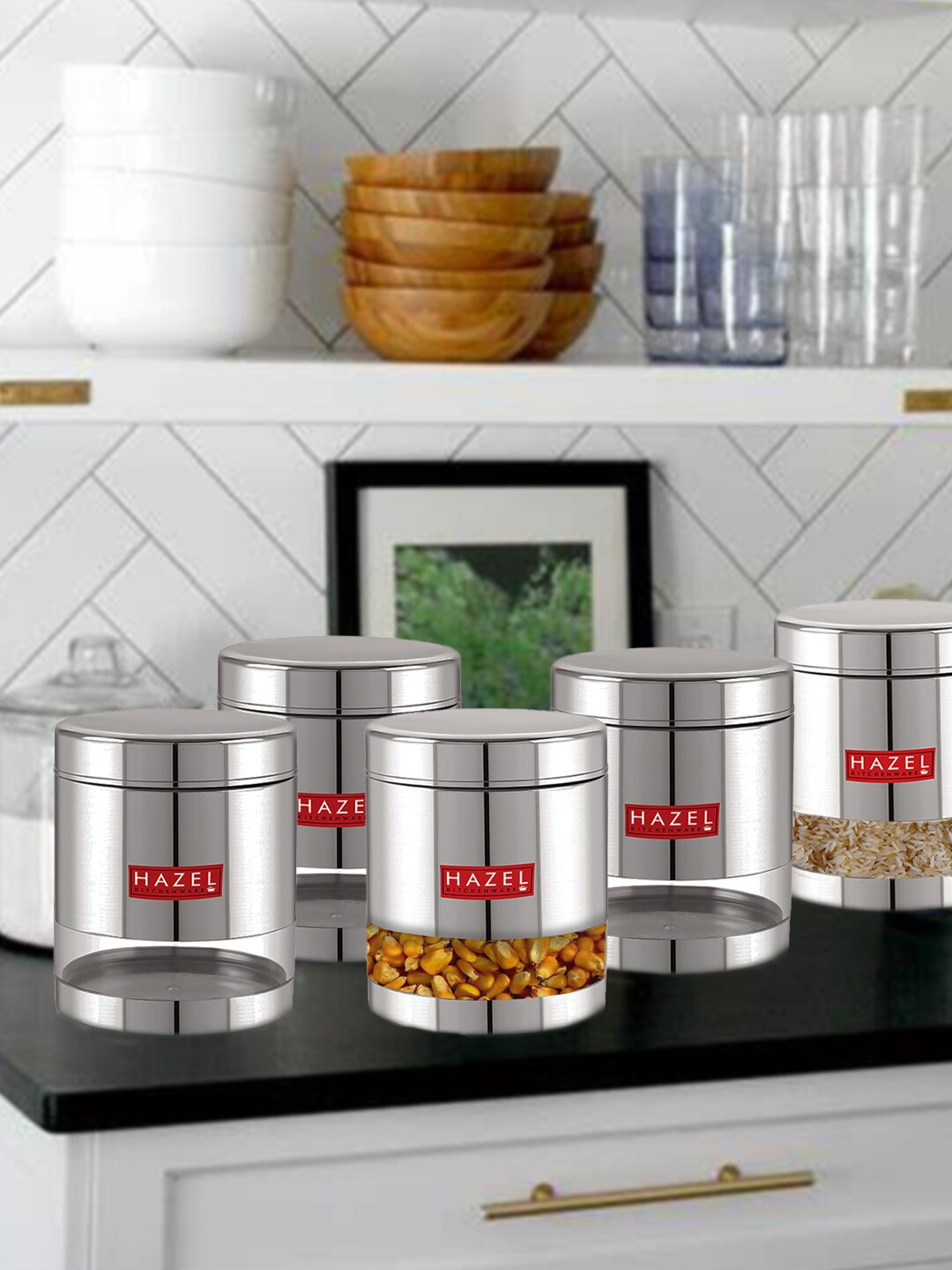 

HAZEL Set Of 5 Stainless Steel See Through Storage Jars 1L Each, Silver