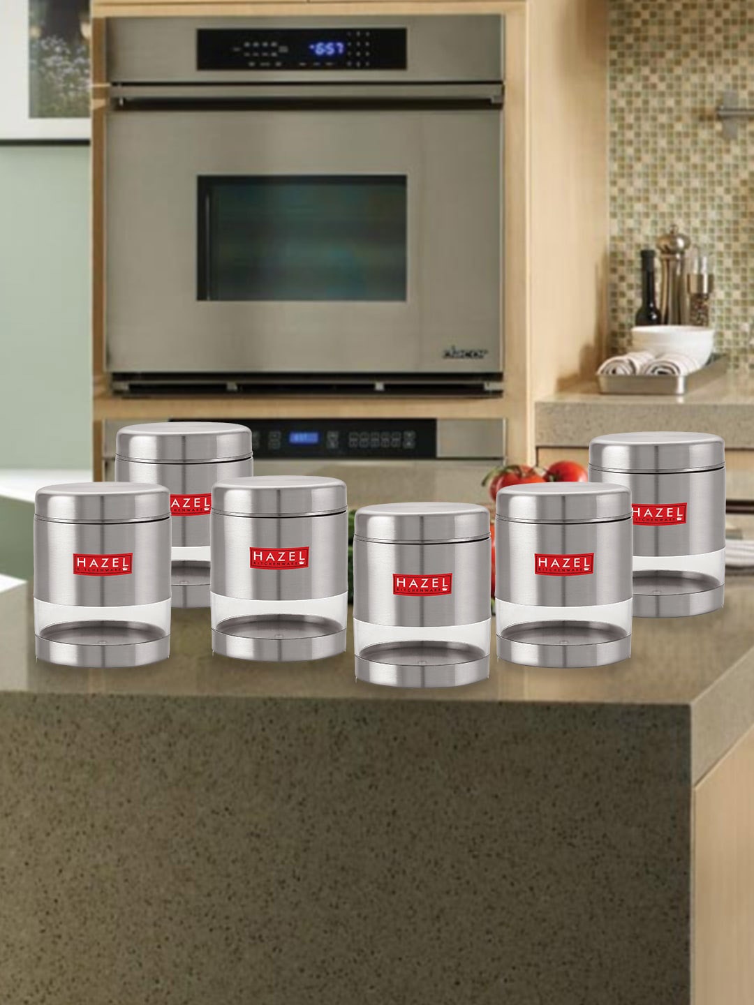 

HAZEL Set Of 6 Transparent Stainless Steel Kitchen Storage Jars 600ml each, Silver