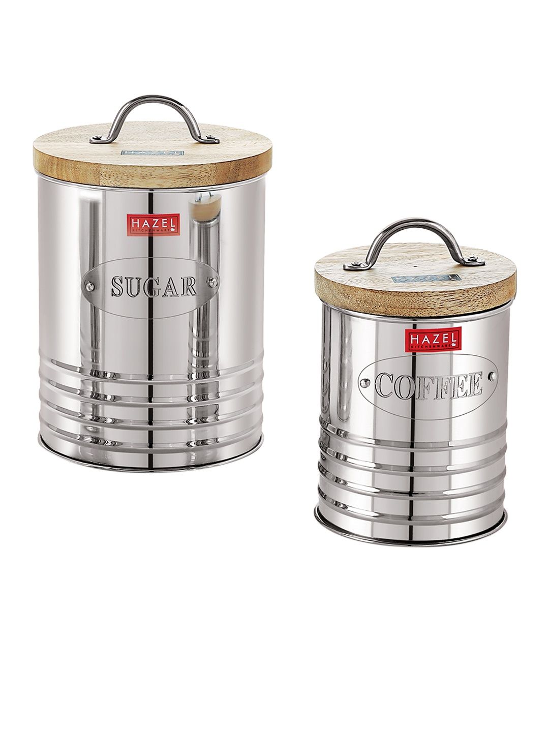 

HAZEL Set Of 2 Stainless Steel Coffee Sugar Canister With Wooden Lids, Silver