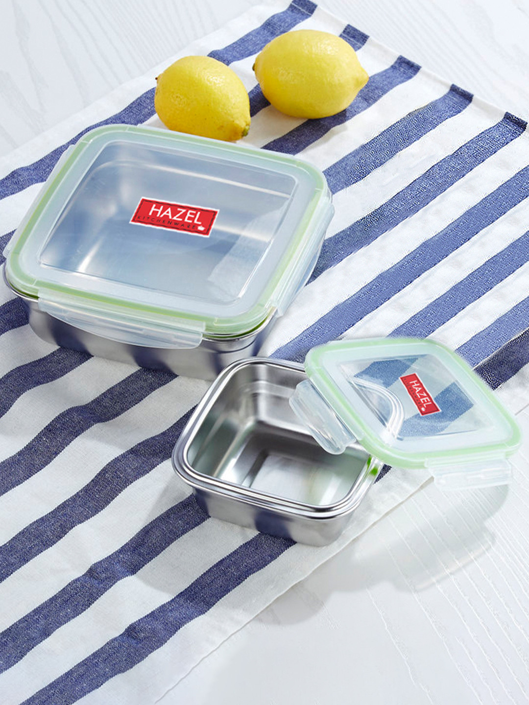 

HAZEL Set of 2 Transparent Stainless Steel Airtight Lunch Boxes, Silver