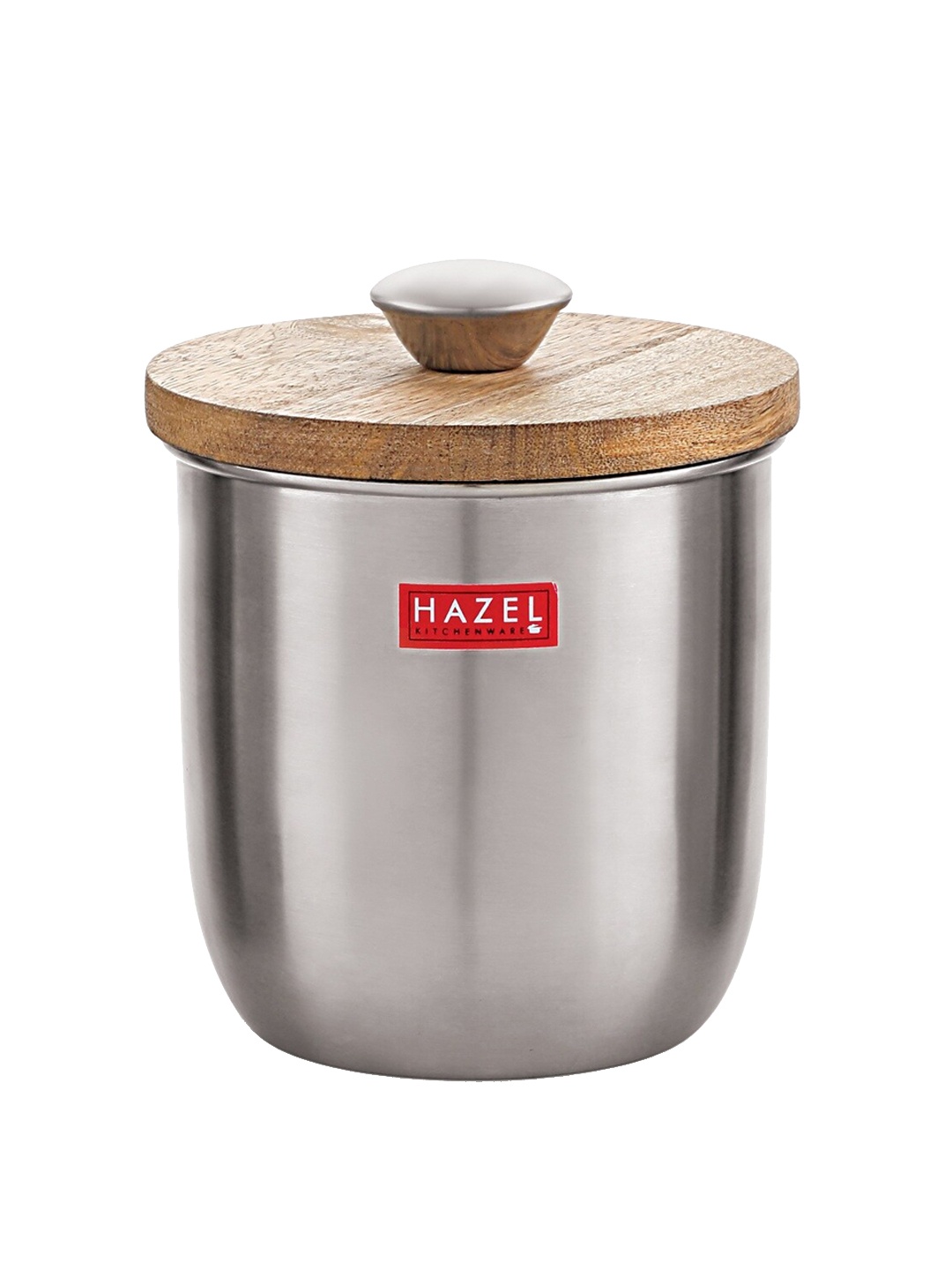 

HAZEL Stainless Steel Round Canister Container With Wooden Lid & Knob 1.325L, Silver