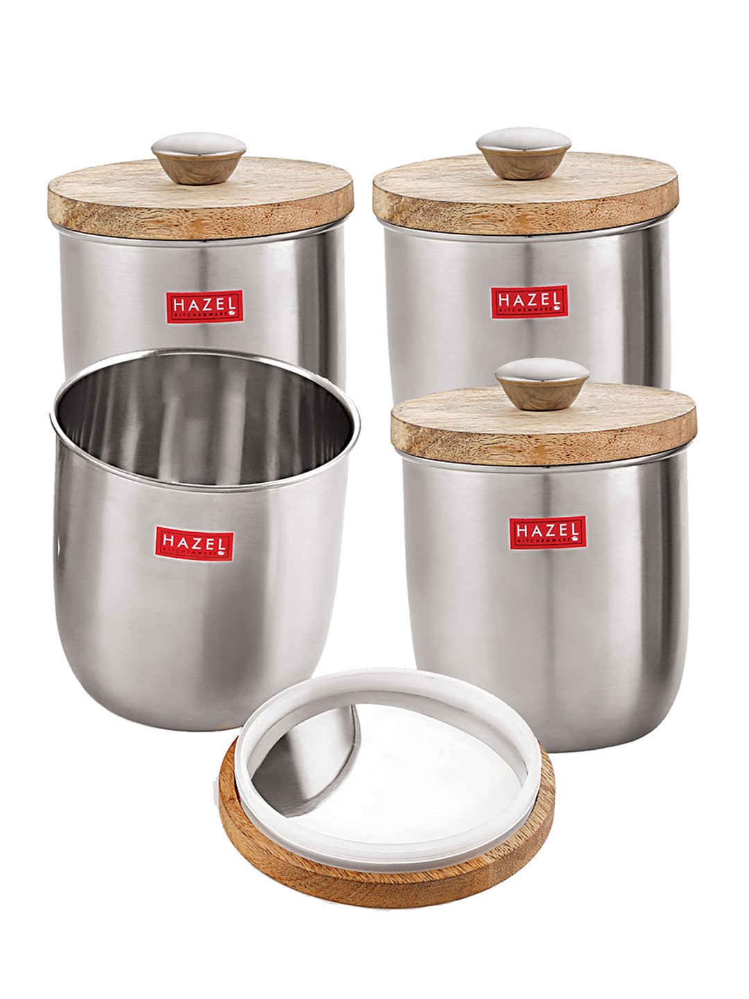 

HAZEL Set Of 4 Stainless Steel Round Canister With Wooden Lid & Knob 1.325 Ltrs Each, Silver
