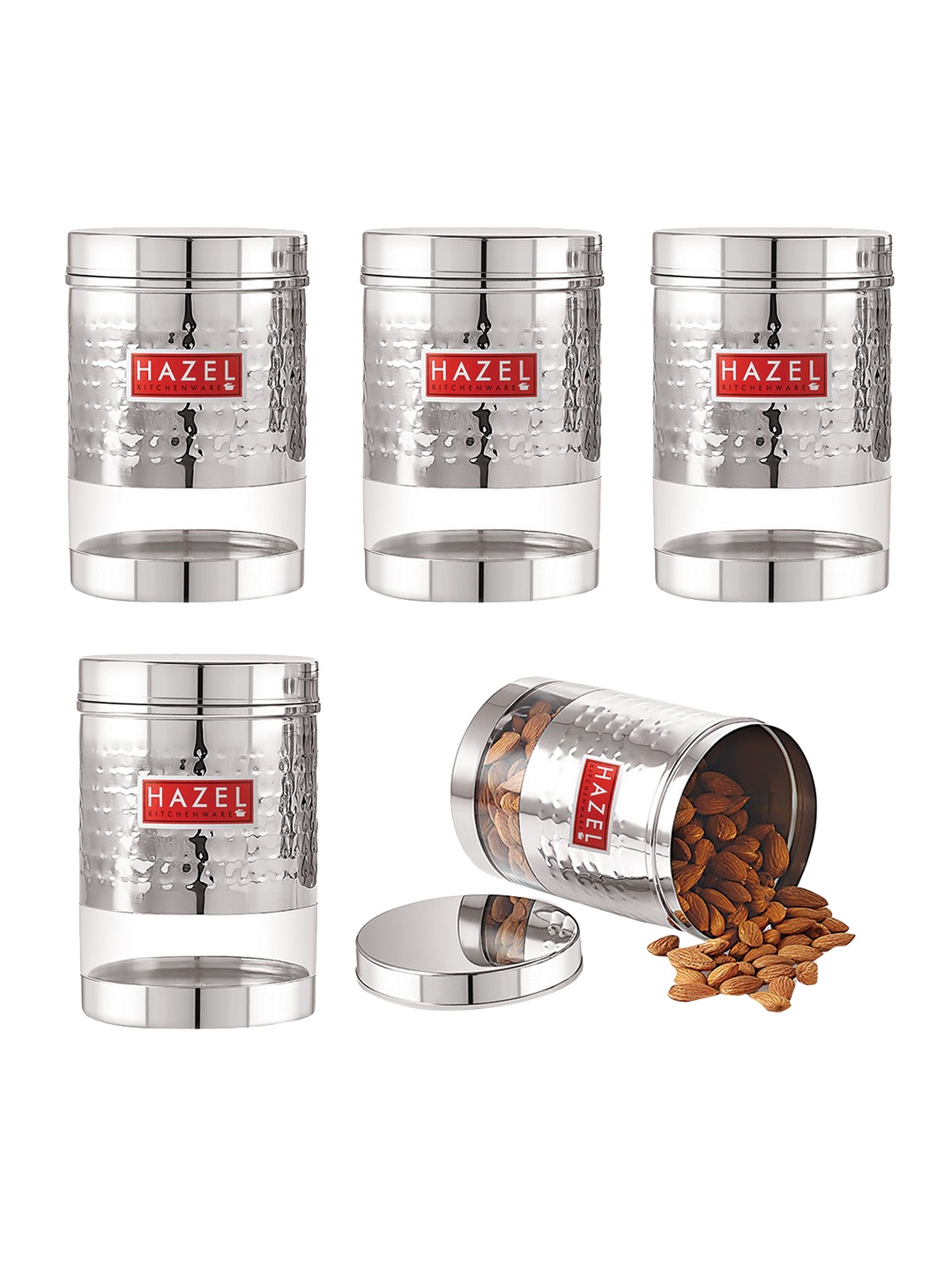 

HAZEL Set of 5 Stainless Steel Hammered Finish Food Storage Jars 950 ml Each, Silver