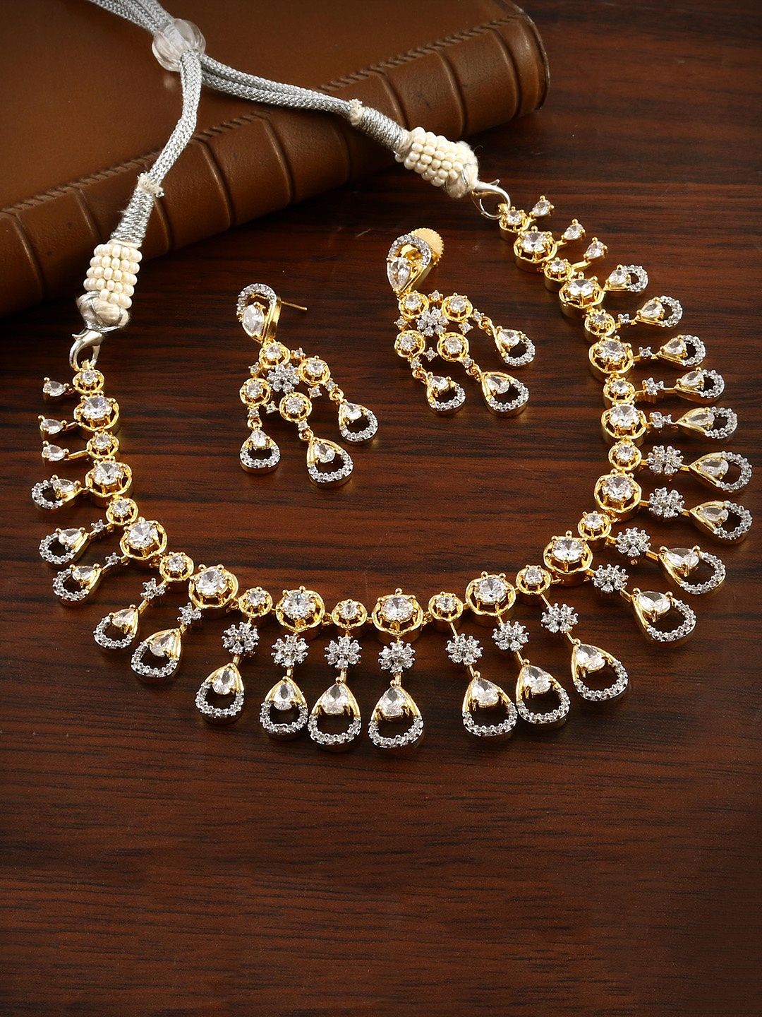 

Jewar Mandi Women Gold-Plated Cubic Zirconia-Studded Necklace and Earrings, White