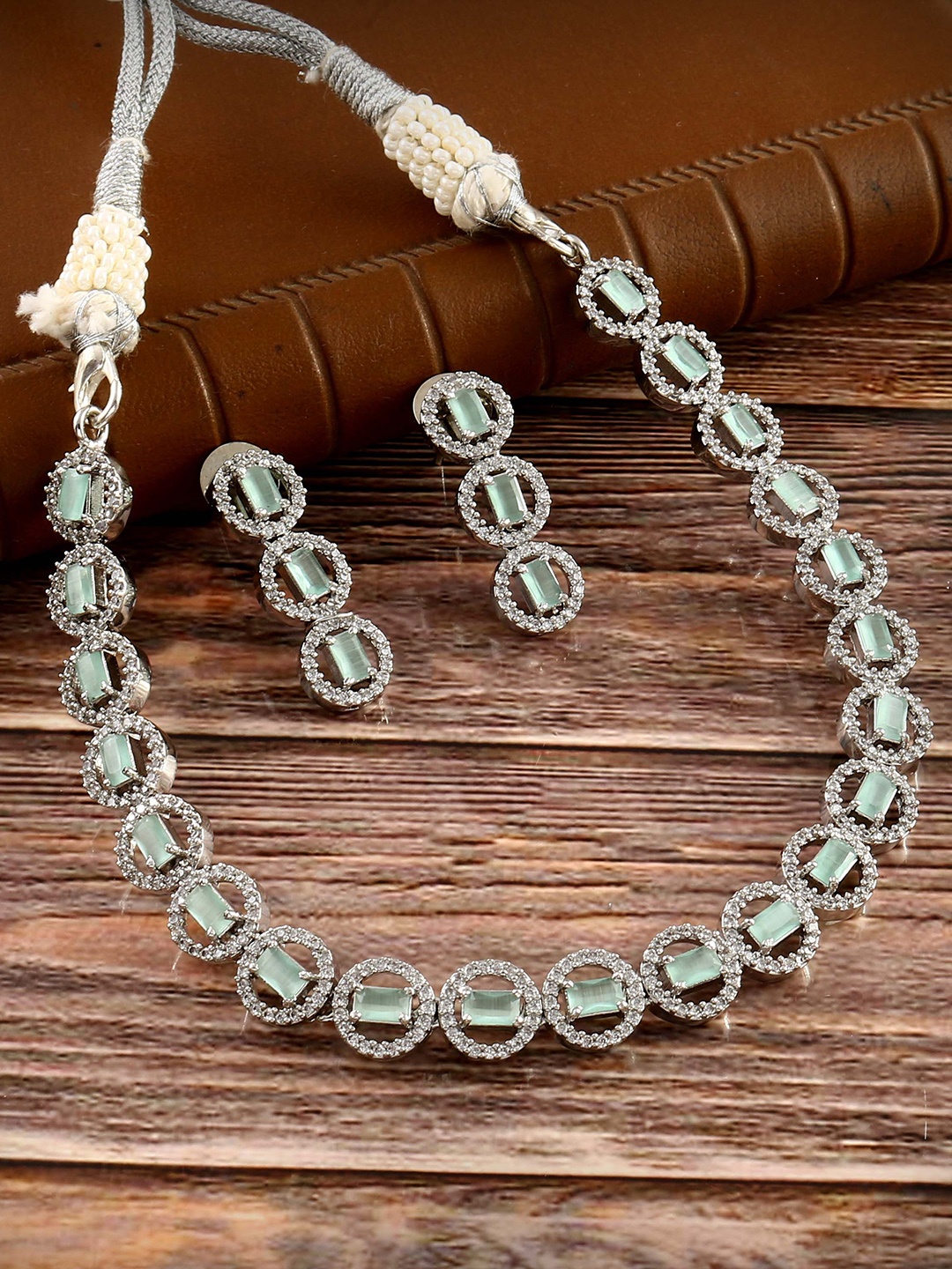 

Jewar Mandi Women Silver-Plated Cubic Zirconia-Studded Necklace and Earrings, Sea green