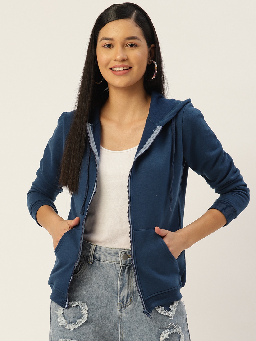

U&F Women Navy Blue Hooded Sweatshirt