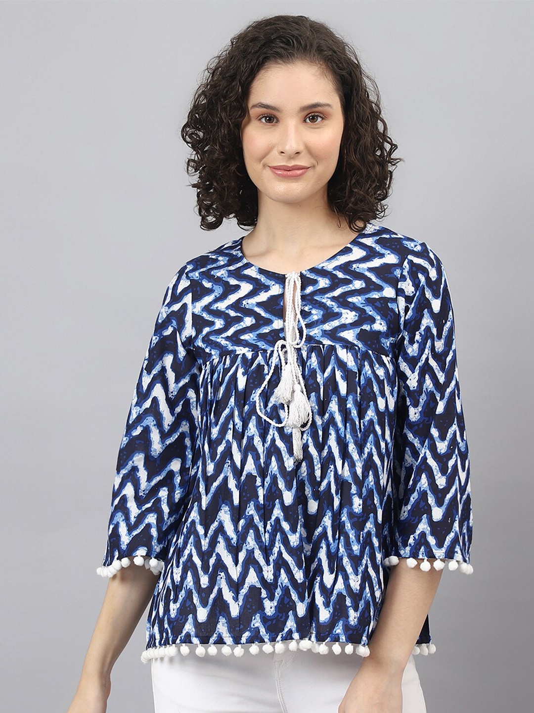 

DEEBACO Geometric Print Tie-Up Neck Pure Cotton Peplum Top, Navy blue