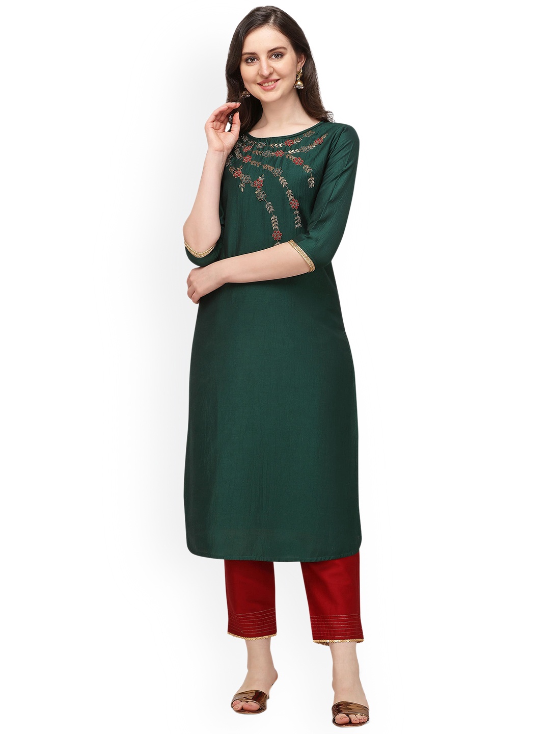 

Berrylicious Women Floral Embroidered Kurta with Trousers, Green