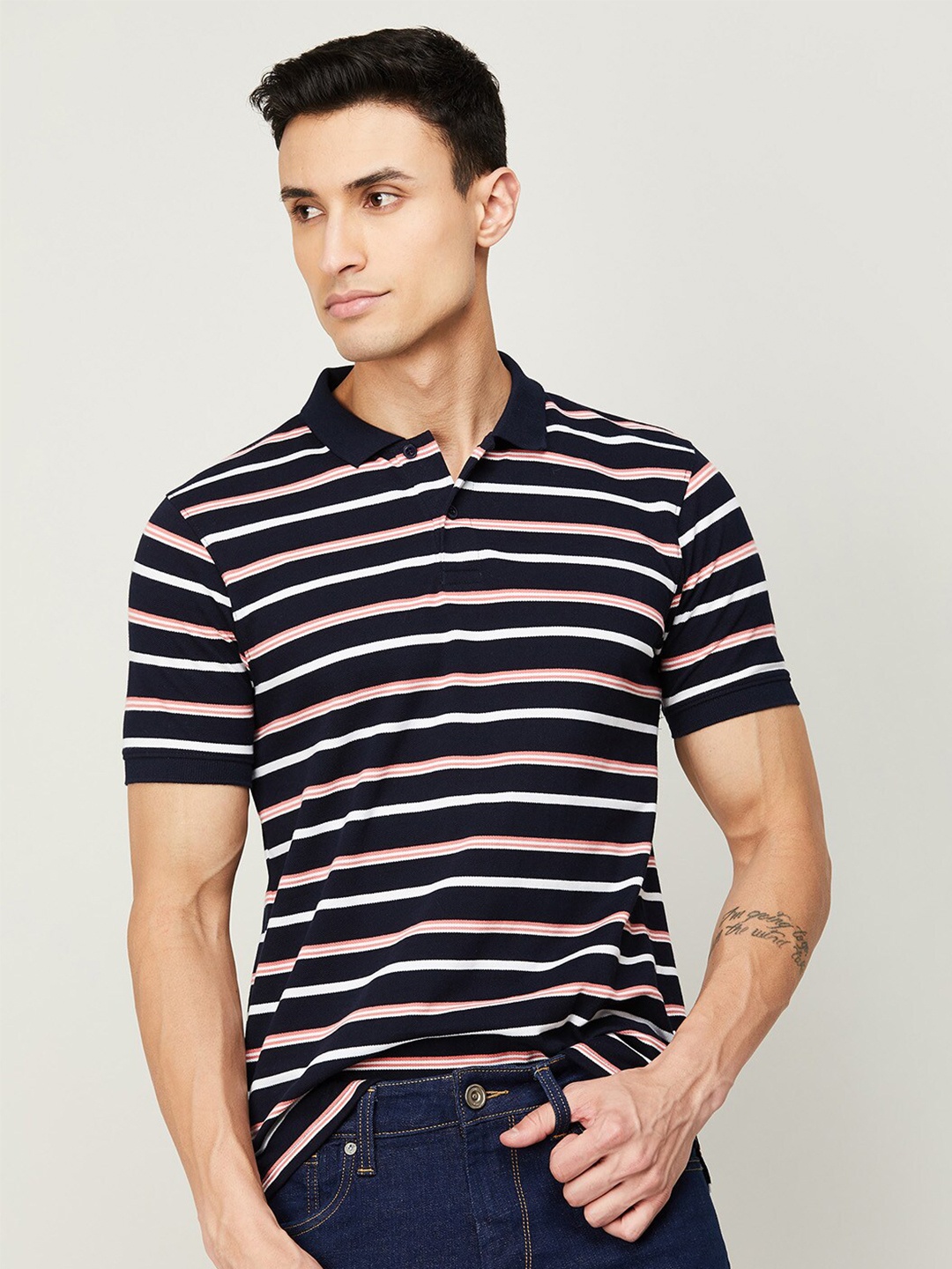 

Fame Forever by Lifestyle Men Navy Blue Striped Polo Collar Cotton T-shirt