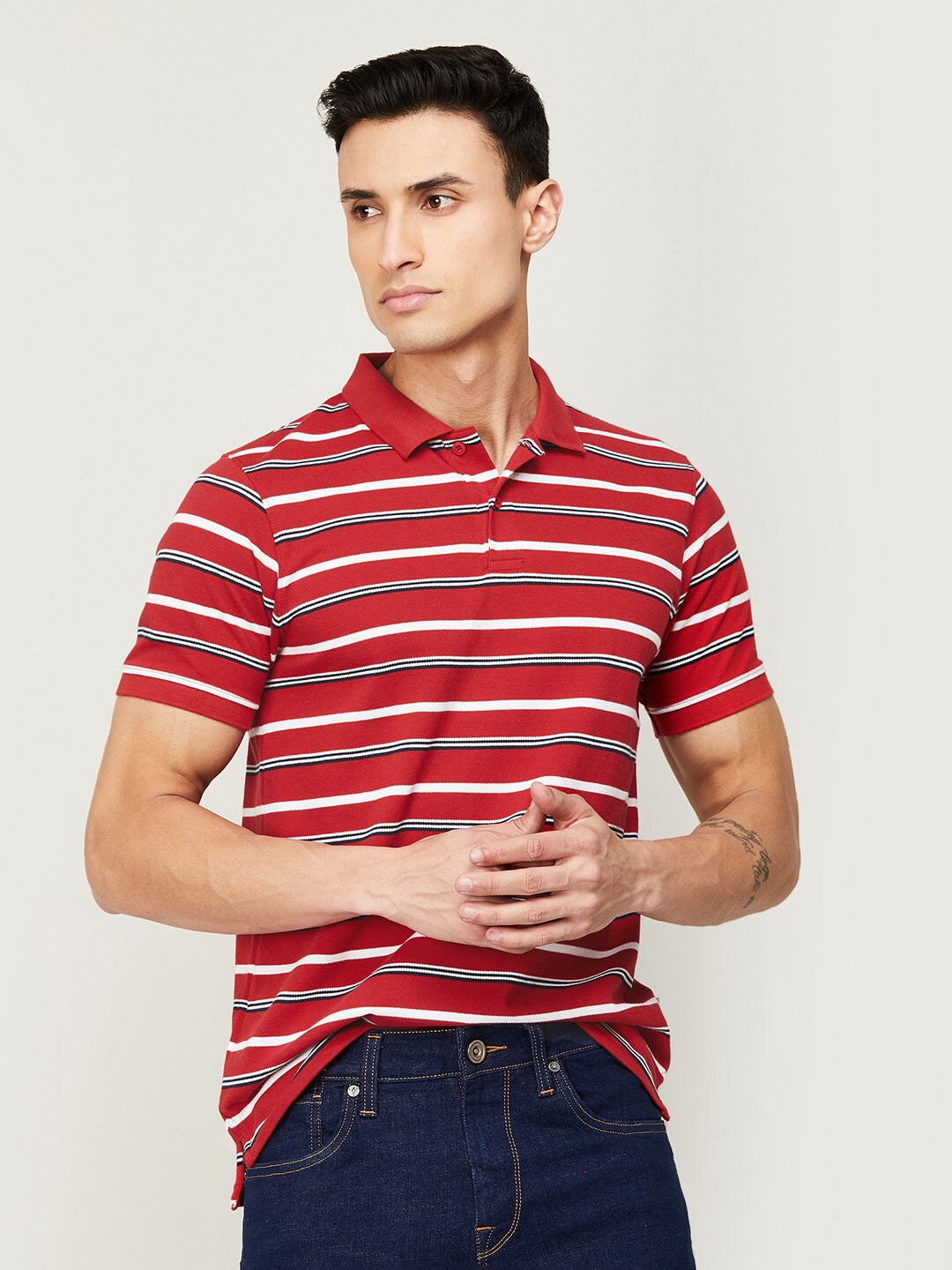 

Fame Forever by Lifestyle Men Red Striped Polo Collar Cotton T-shirt