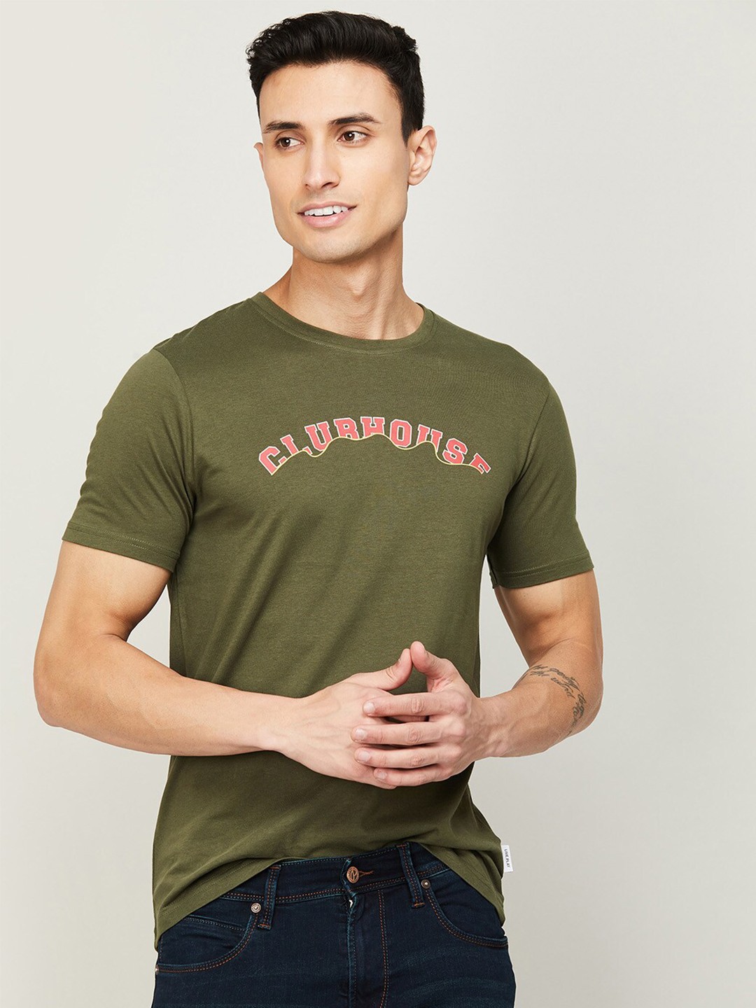 

Fame Forever by Lifestyle Men Olive Green Typography Cotton T-shirt