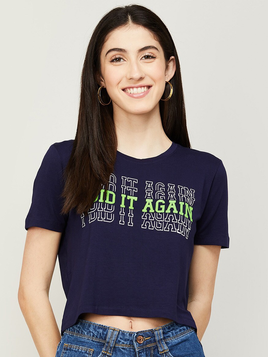 

Ginger by Lifestyle Women Navy Blue Typography Printed Cotton T-shirt