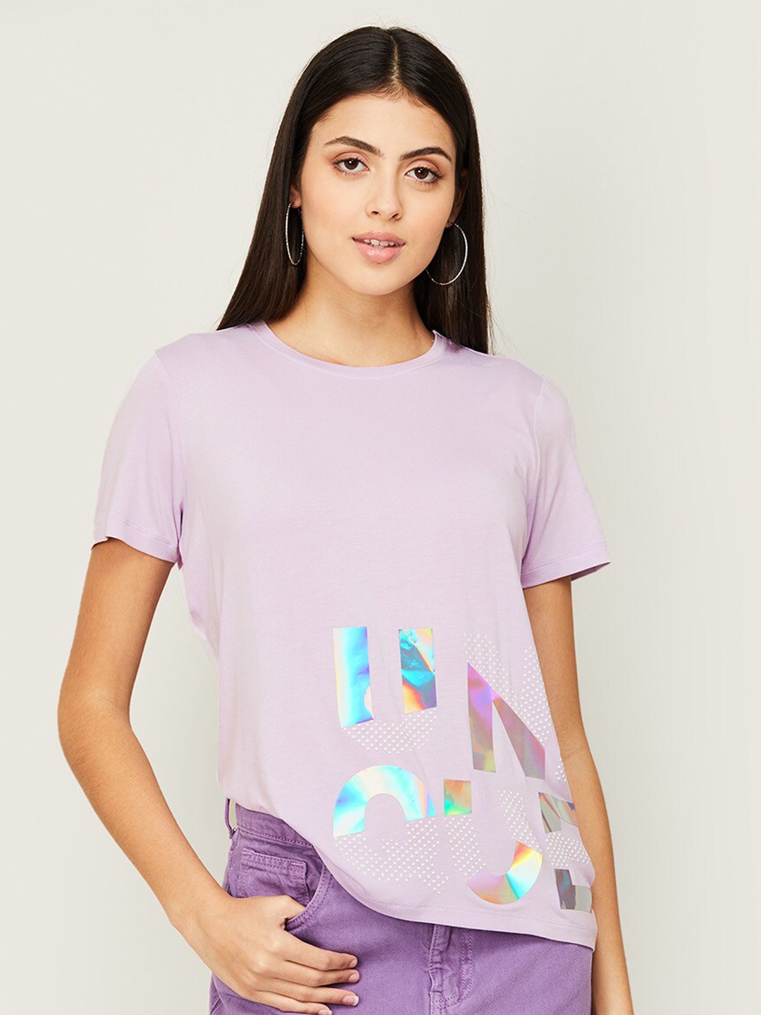 

Ginger by Lifestyle Women Purple Typography Printed T-shirt