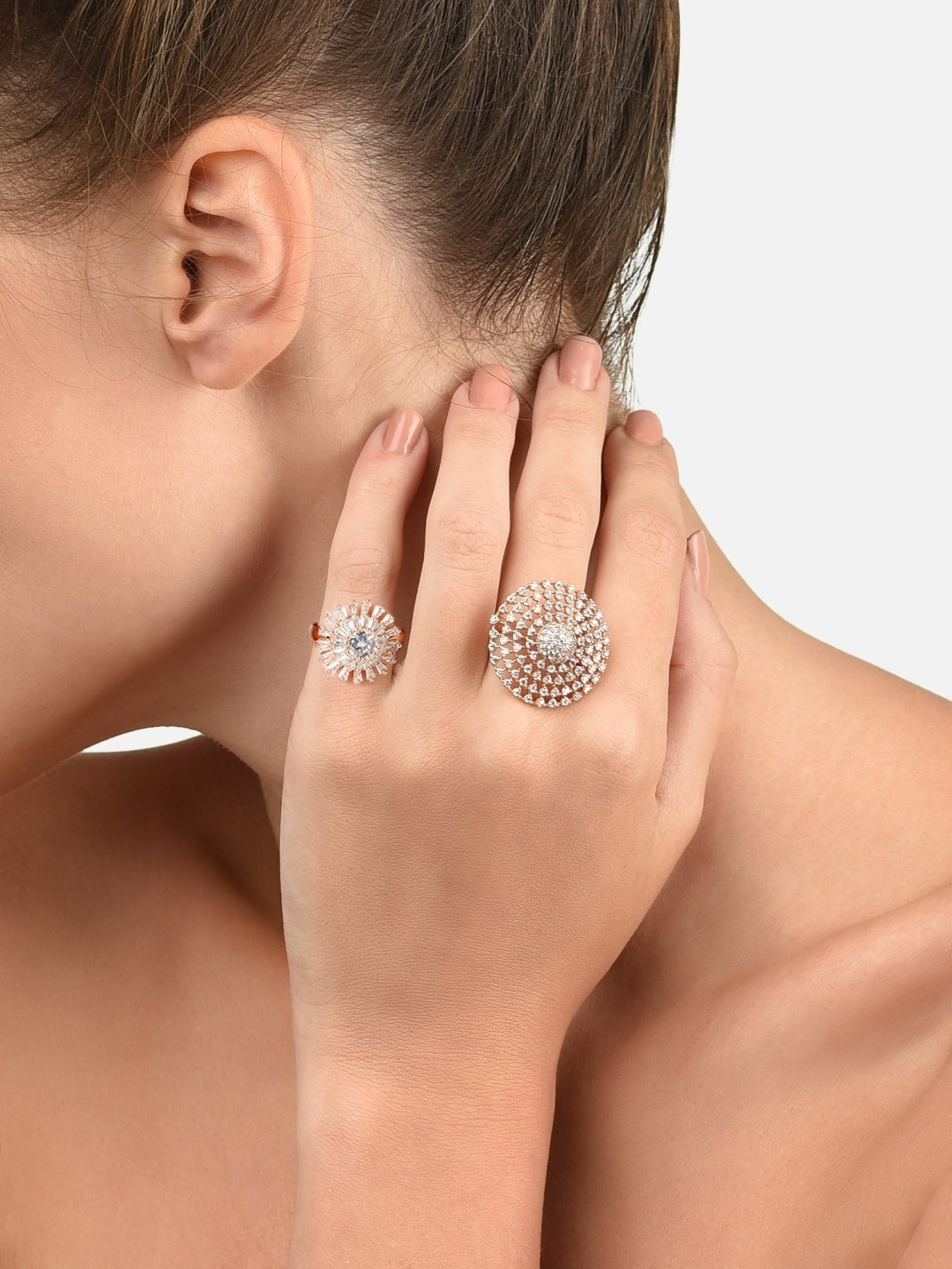 

AMI Women Set Of 2 Rose Gold-Plated CZ Stone-Studded Adjustable Finger Rings