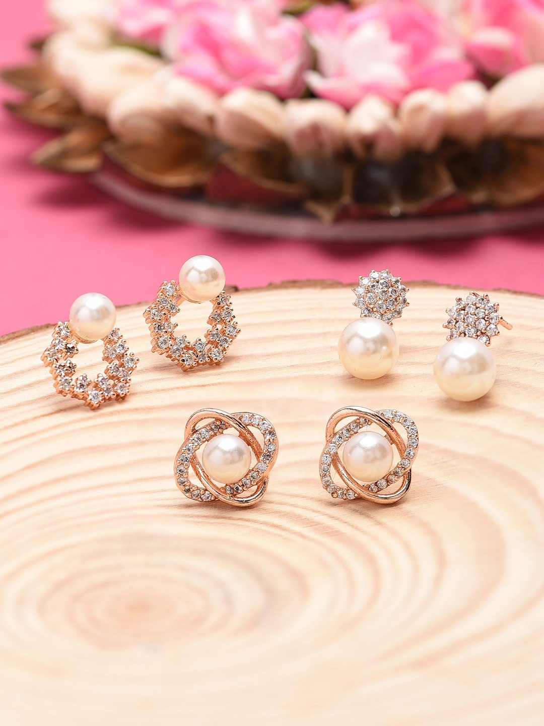 

AMI Set of 3 Cubic Zirconia & Pearls Contemporary Studs Earrings, Gold